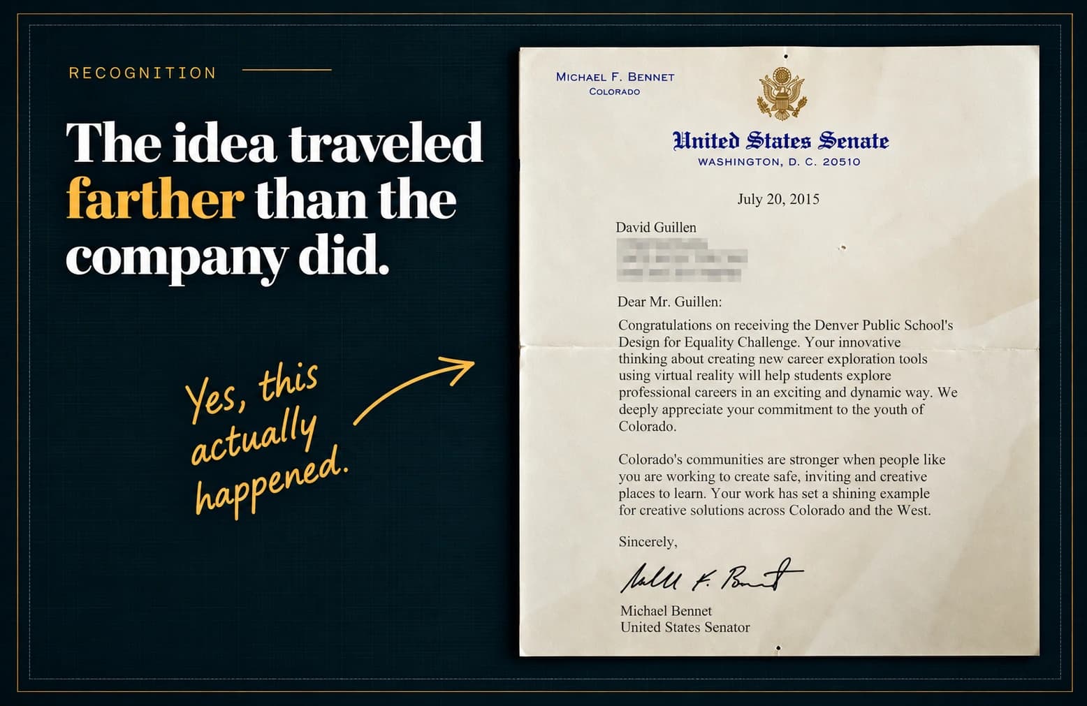 2015 letter from United States Senator Michael Bennet recognizing the Azimuth career exploration project