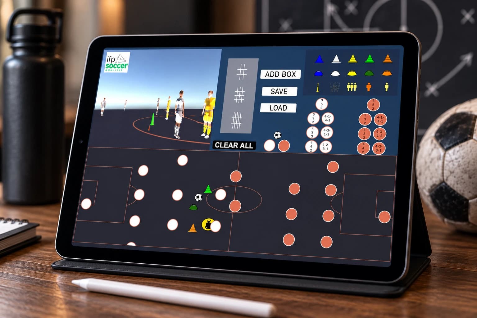 Original 2025 Coach Vision prototype showing a ground-level 3D soccer perspective above a synchronized overhead tactical field