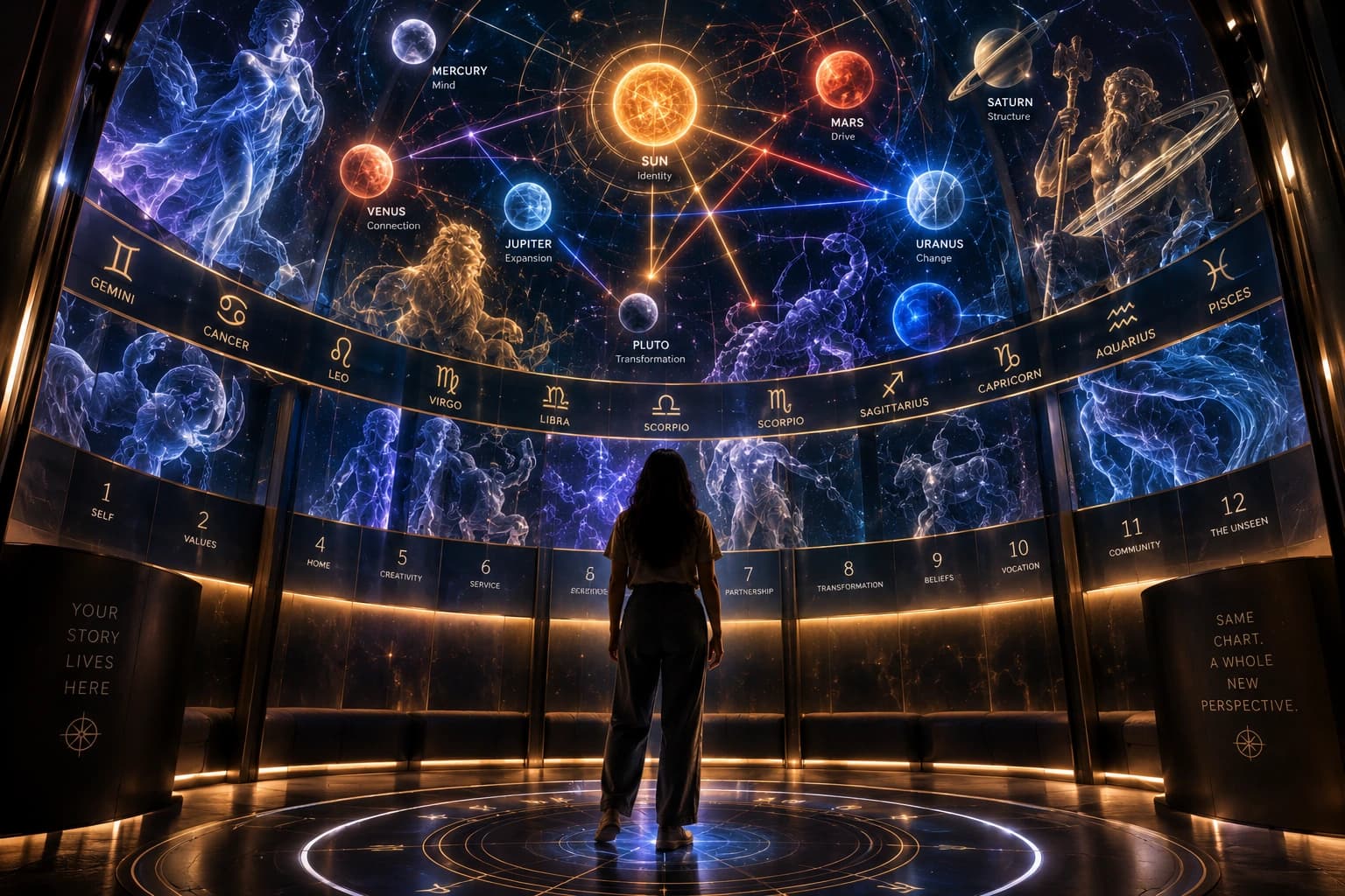 Conceptual reconstruction of a person standing inside a holographic birth chart with planets, zodiac signs, houses, aspects, and archetypal figures surrounding them
