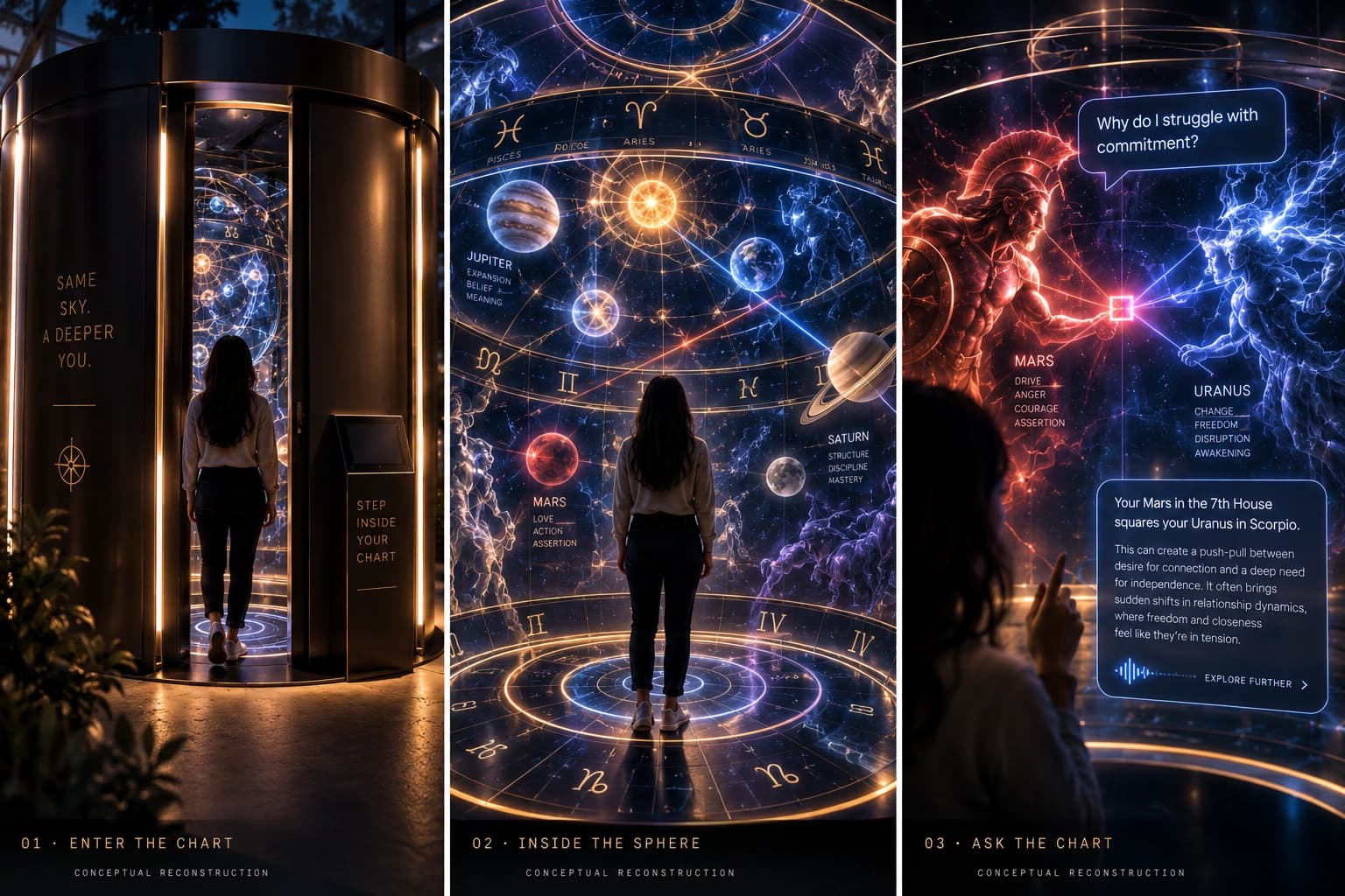 Conceptual triptych showing a semi-private astrology booth, an immersive holographic birth chart, and an interactive chart interpretation experience