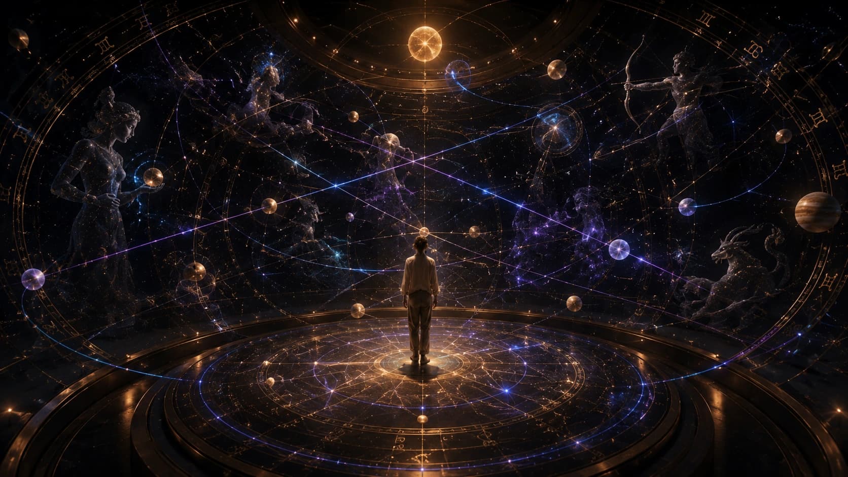 Conceptual sequence showing the visitor entering a semi-private booth, standing inside the birth chart, and seeing planetary archetypes interact