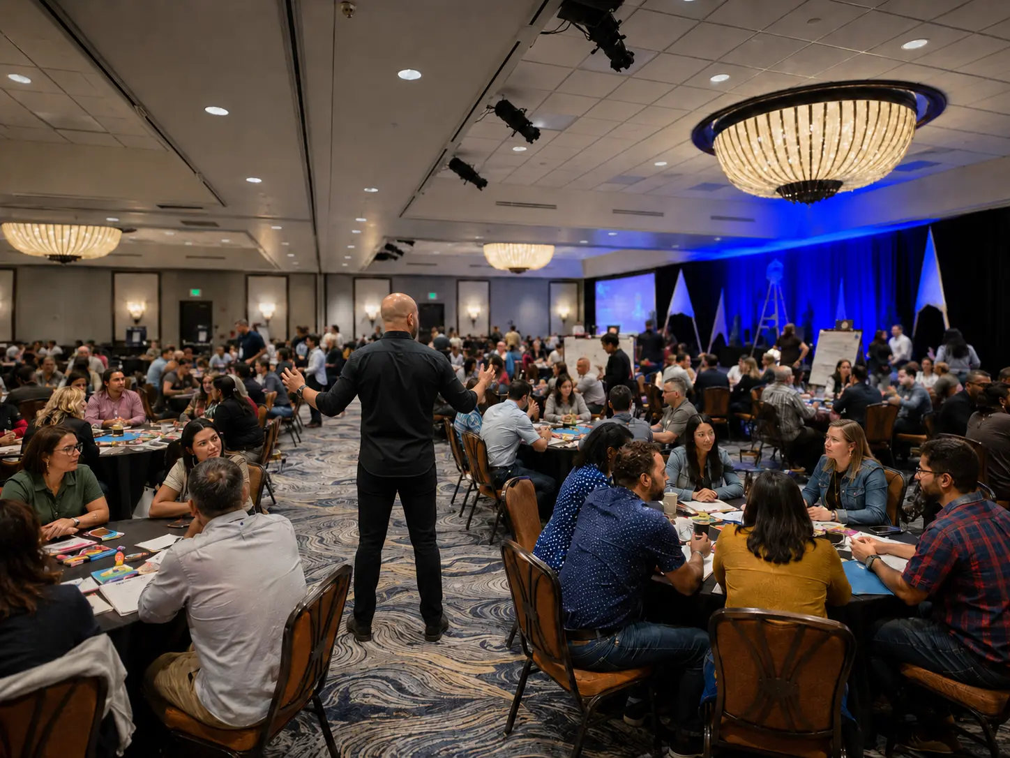 A large hotel workshop room filled with participants
