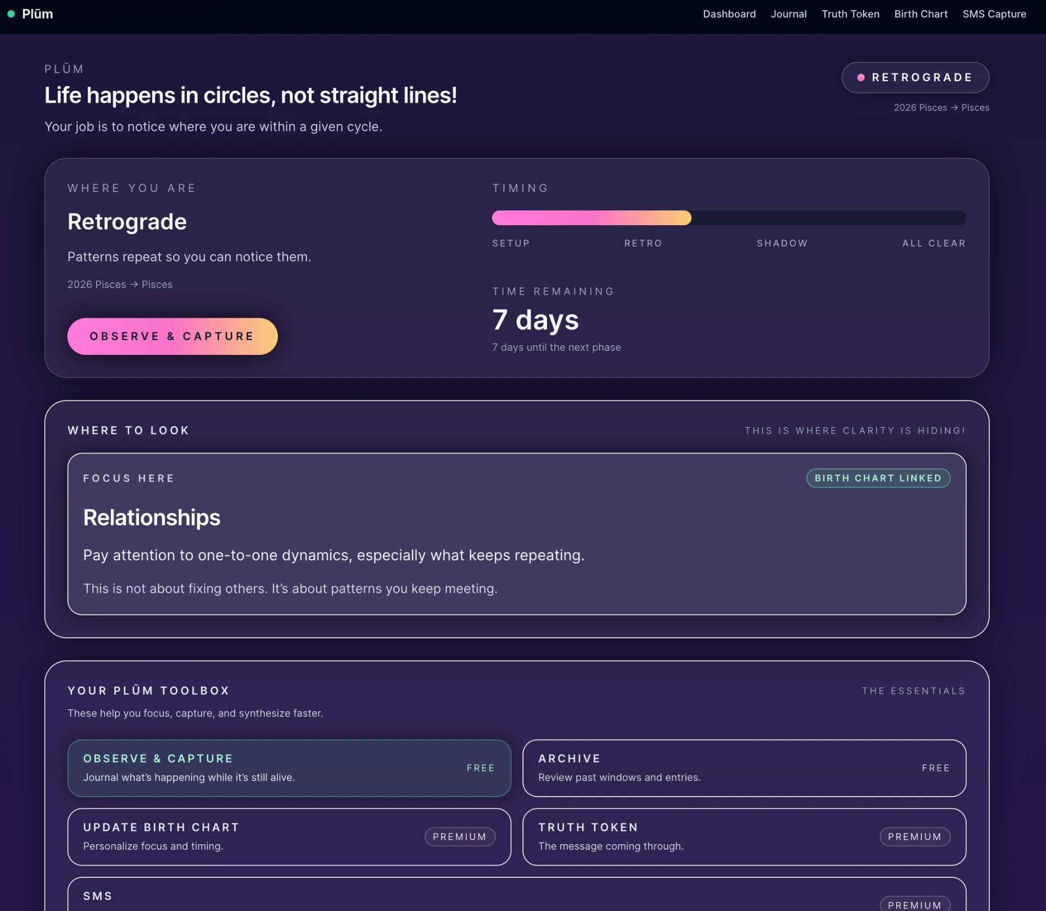 Plūm dashboard showing a retrograde phase, timing, and a Where to Look reflection focus