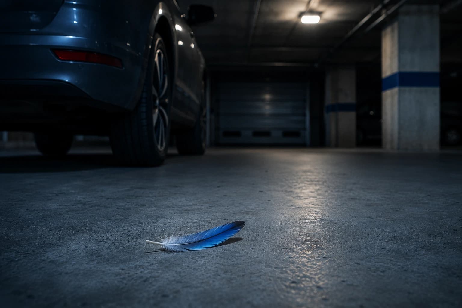 Conceptual reconstruction of a blue feather found beside a car in an enclosed garage