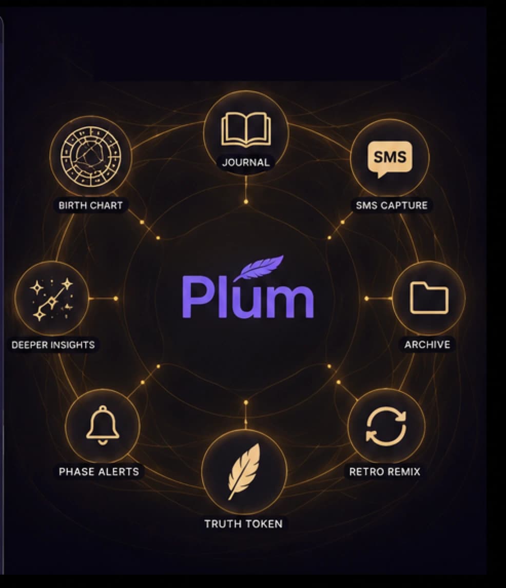 Conceptual diagram showing Plūm surrounded by an expanding network of possible product features