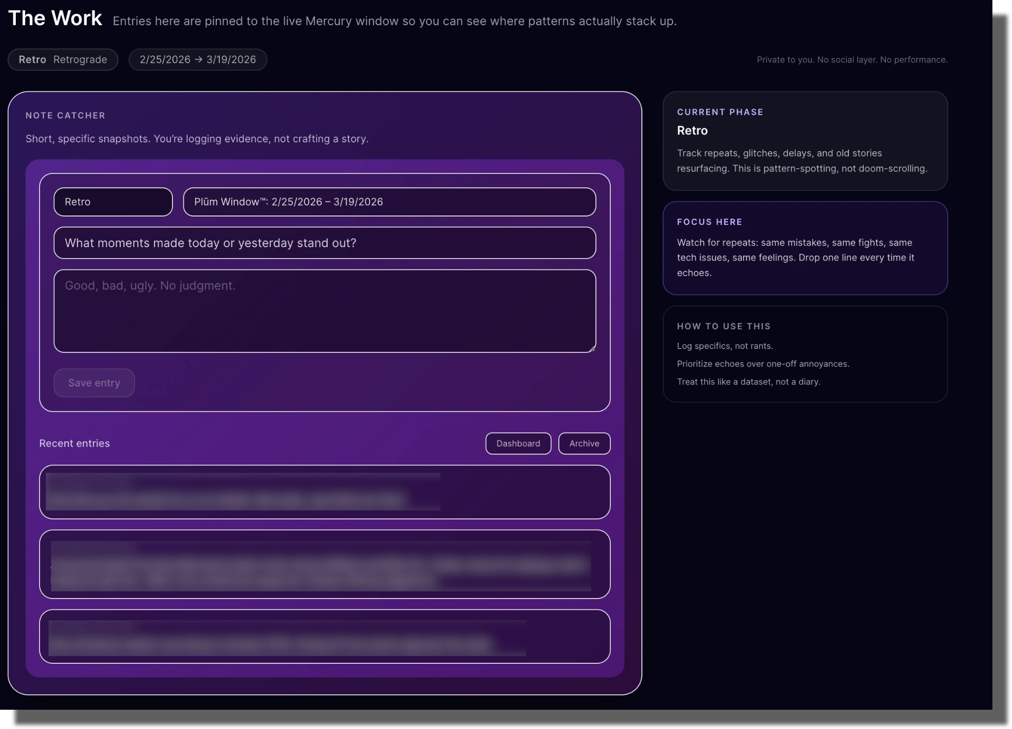 Plūm journal interface for capturing specific observations during a Mercury retrograde window