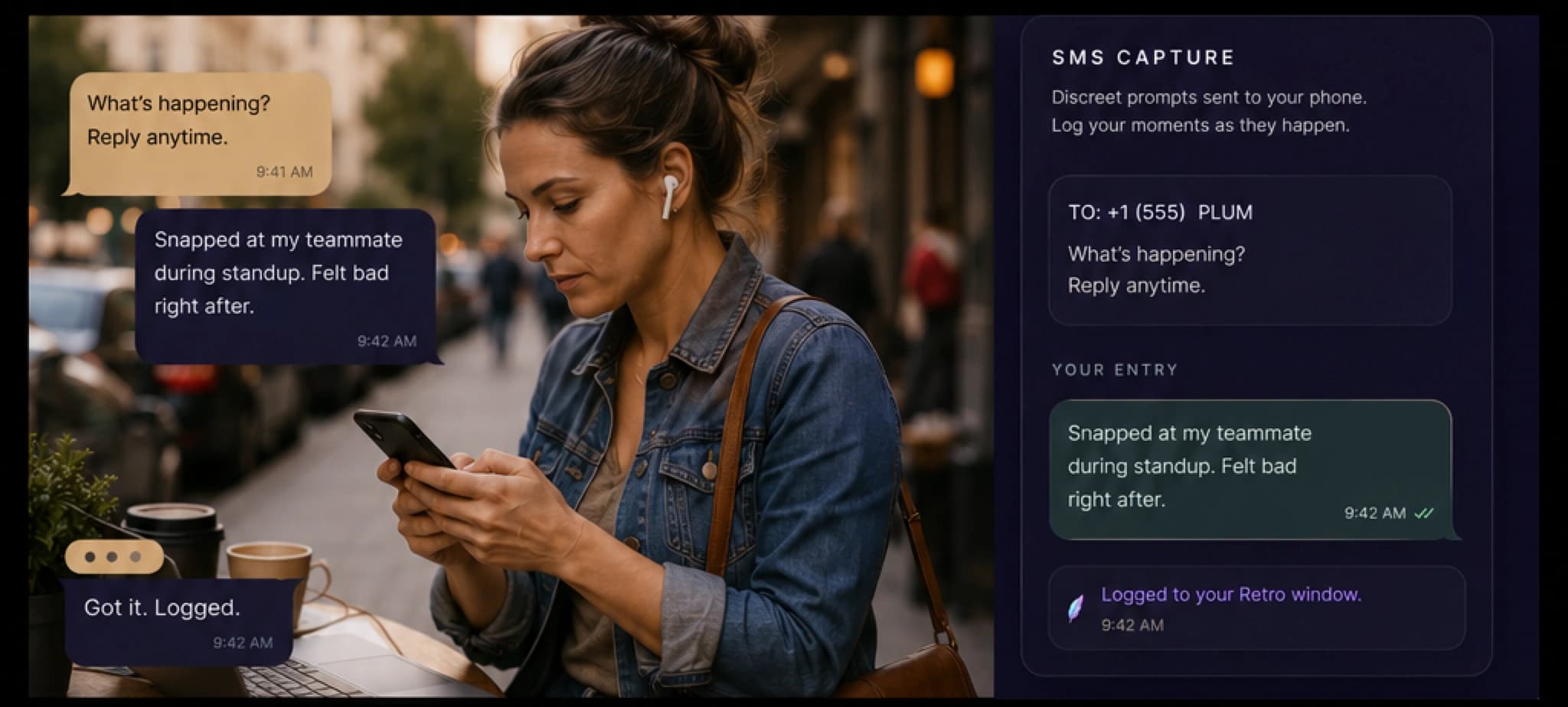 Conceptual reconstruction of a Plūm user capturing a reflection through SMS while moving through everyday life