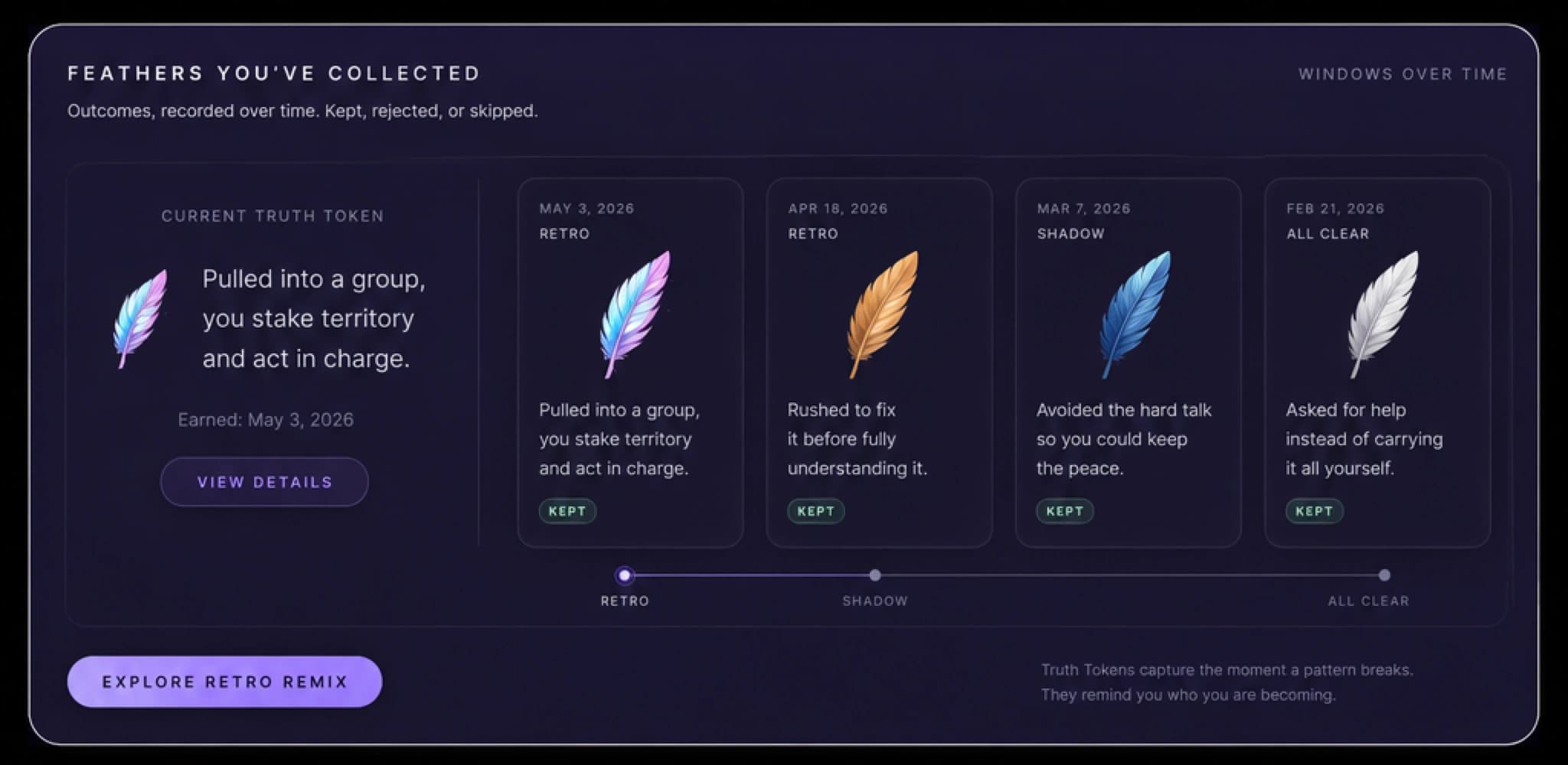 Plūm Feathers You've Collected interface showing reflection patterns gathered across multiple Mercury windows